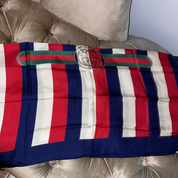 New unisex Gucci logo sylvie stripe silk scarf - Picture 6 of 12